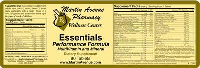 Label of Essentials Perfomance Formula MultiVitamin And Mineral