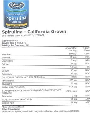 Label of California Grown Spirulina 500 mg
