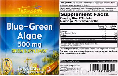 Label of Blue-Green Algae 500 mg