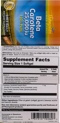 Label of Beta Carotene 25,000 IU
