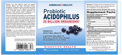 Label of Probiotic Acidophilus Natural Blueberry Flavor