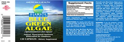 Label of Klamath Shores Blue Green Algae