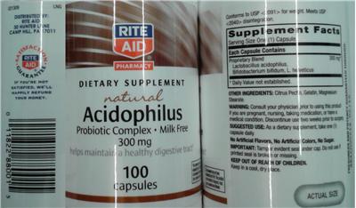 Label of Natural Acidophilus 300 mg