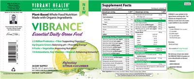 Label of Vibrance Essential Daily Green Food Citrus Cucumber