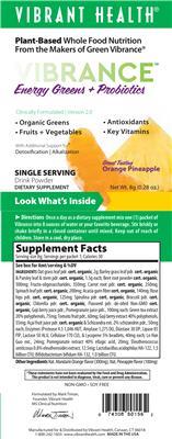 Label of Vibrance Energy Greens + Probiotics Great Tasting Orange Pineapple