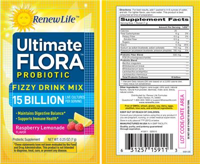 Label of Ultimate Flora 15 Billion Fizzy Drink Mix Probiotic Raspberry Lemonade Flavor