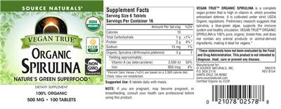 Label of Vegan True Organic Spirulina 500 mg