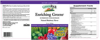 Label of GreenRich Enriching Greens Natural Blueberry Flavor